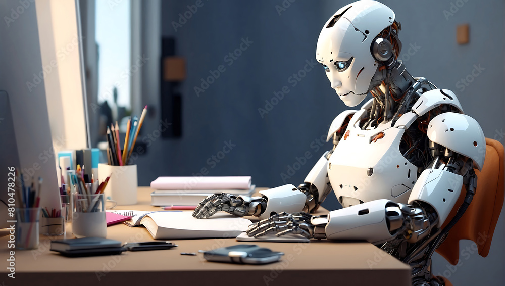 Fototapeta premium A strong artificial intelligence machine futuristic robot sitting at a desk and reading a new concept book on a home office blur background