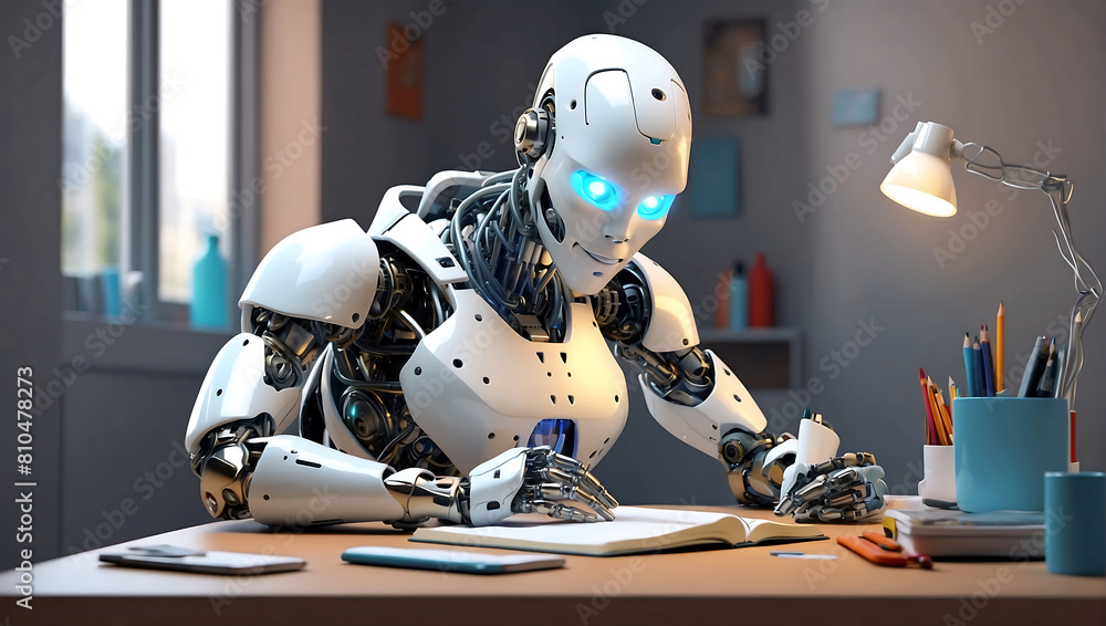 A strong artificial intelligence machine futuristic robot sitting at a desk and reading a new concept book on a home office blur background A strong artificial intelligence machine futuristic robot sitting at a desk and reading a new concept book on a home office blur background