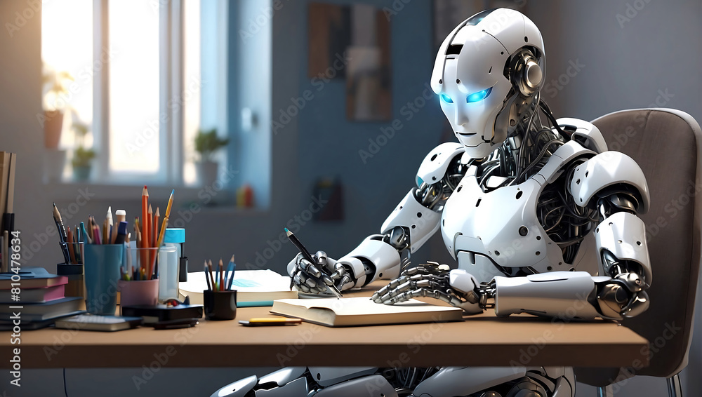 Fototapeta premium A strong artificial intelligence machine futuristic robot sitting at a desk and reading a new concept book on a home office blur background