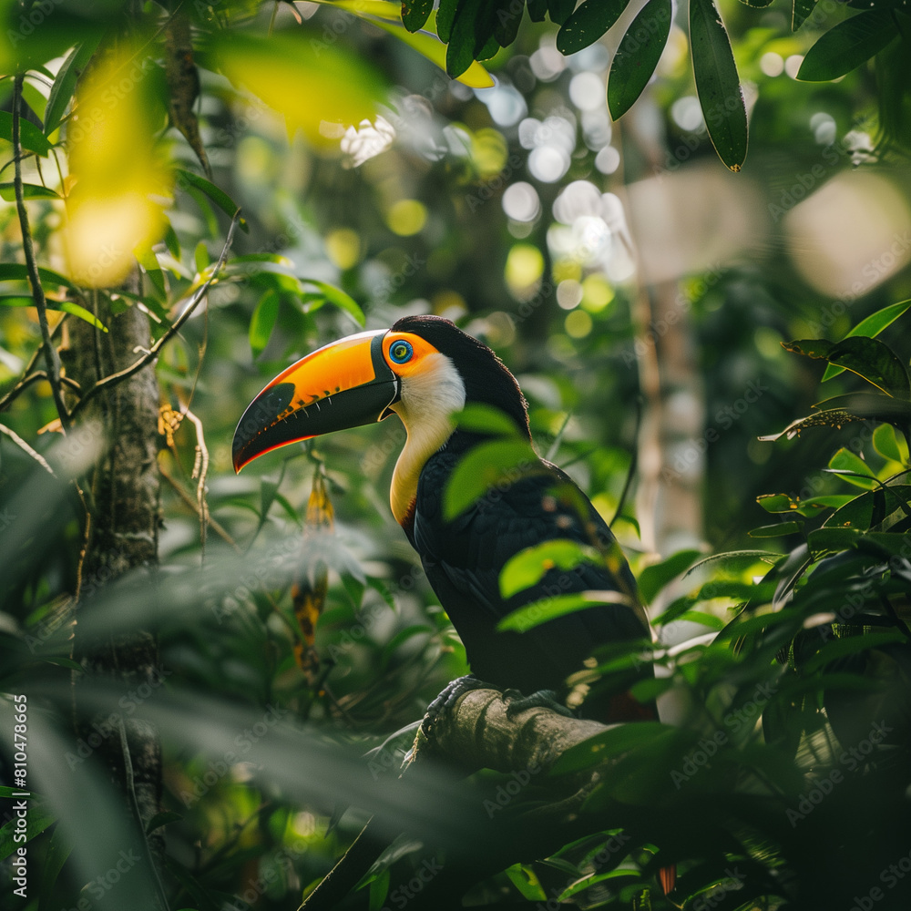 Fototapeta premium Toucan in Lush Rainforest - A Glimpse of Tropical Wildlife