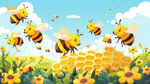 A group of bees flying in the sky above a field of flowers