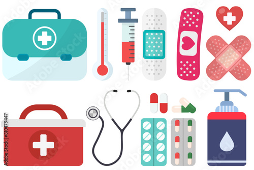 Set of medical items and tools of a pharmacy or doctor's office cartoon illustration isolated on white background.