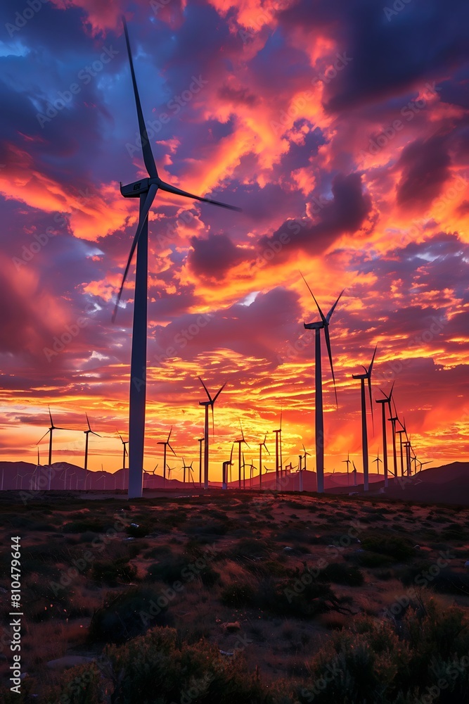 Obraz premium Frame the silhouettes of wind turbines against a fiery sunset sky