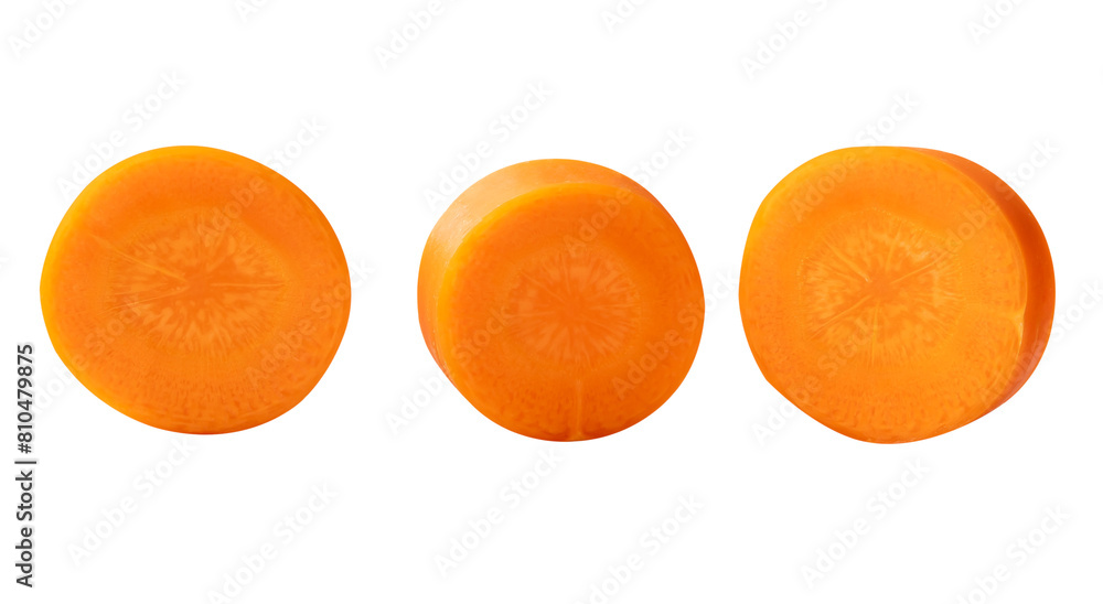 Top view set of fresh orange carrot slices scattering isolated with clipping path Top view set of fresh orange carrot slices scattering isolated with clipping path