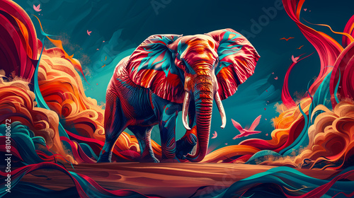 A colorful elephant is standing in front of a colorful background