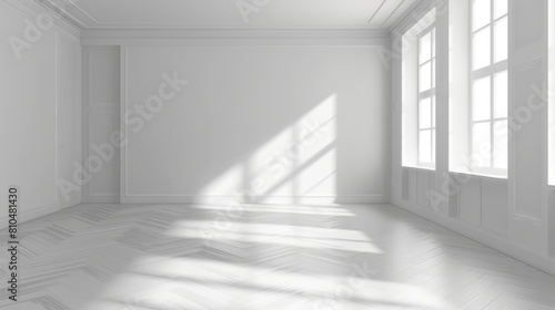 White empty room with white walls and light parquet floors, vector illustration.