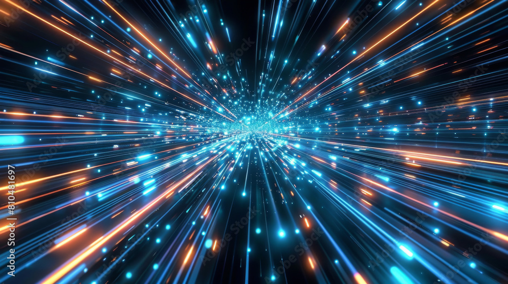 Obraz premium A bright blue and orange light trail with many small dots