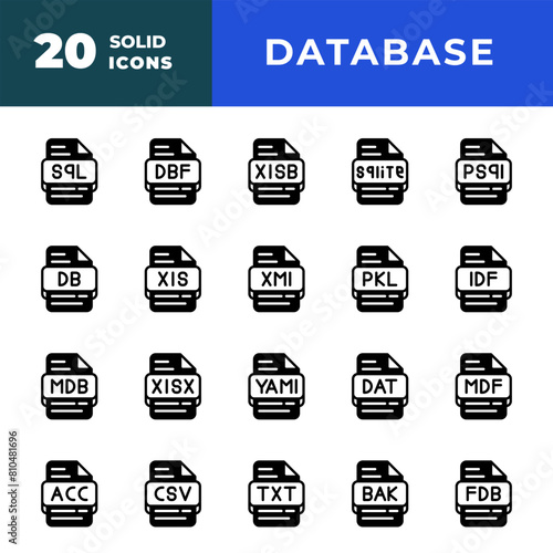 File type database icon Set. document files and format extension symbol icons. with a solid style. Vector Illustration.