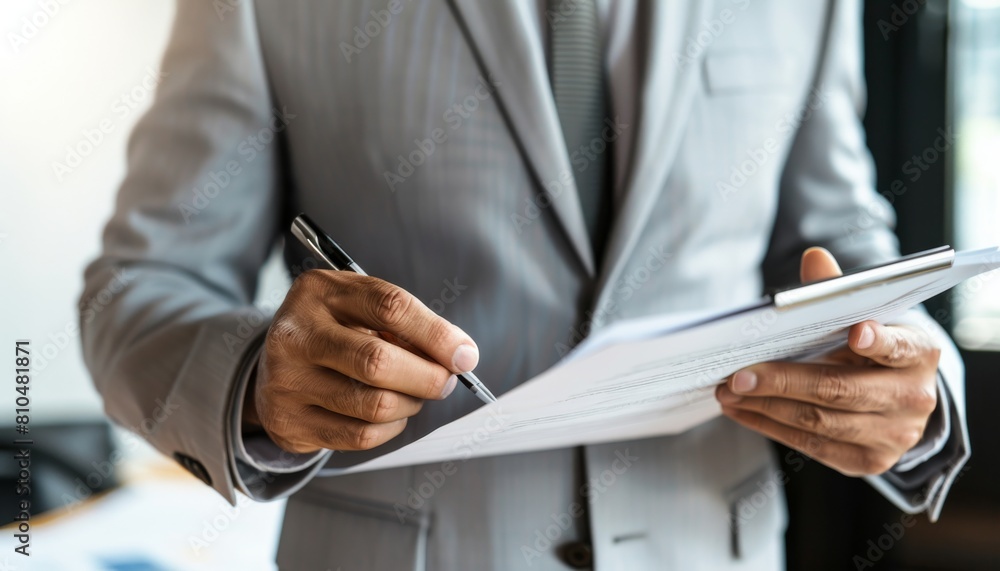 Conceptualize a male business head in a light grey suit, torso visible, with a pen held aloft, ready to annotate documents Conceptualize a male business head in a light grey suit, torso visible, with a pen held aloft, ready to annotate documents