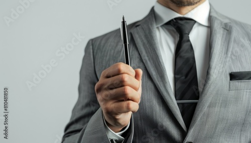 Conceptualize a male business head in a light grey suit, torso visible, with a pen held aloft, ready to annotate documents photo