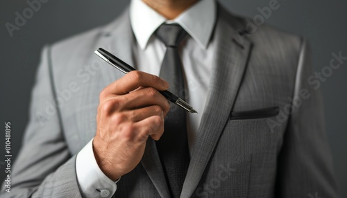 Conceptualize a male business head in a light grey suit, torso visible, with a pen held aloft, ready to annotate documents photo