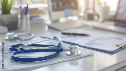 A blue stethoscope is on a desk next to a stack of papers photo