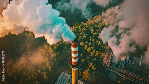 Dense smoke rising from industrial chimney against lush green forest backdrop, juxtaposing air pollution with nature, advocating for low carbon solutions, suitable for environmental campaigns and educ photo