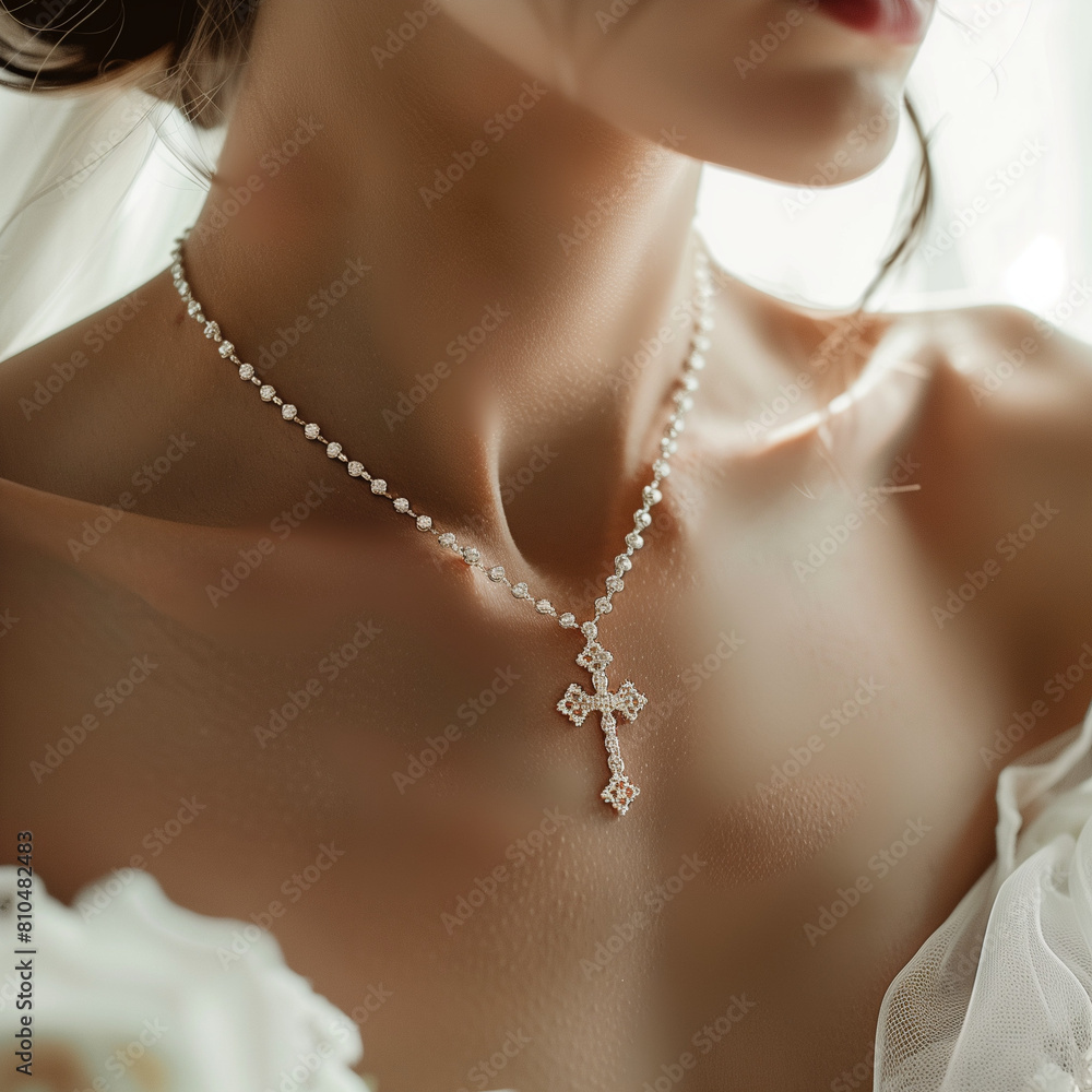 Close-up of the neck of a woman wearing a cross necklace, the sparkling necklace emphasizes the beauty of the neck, Ai generated Images