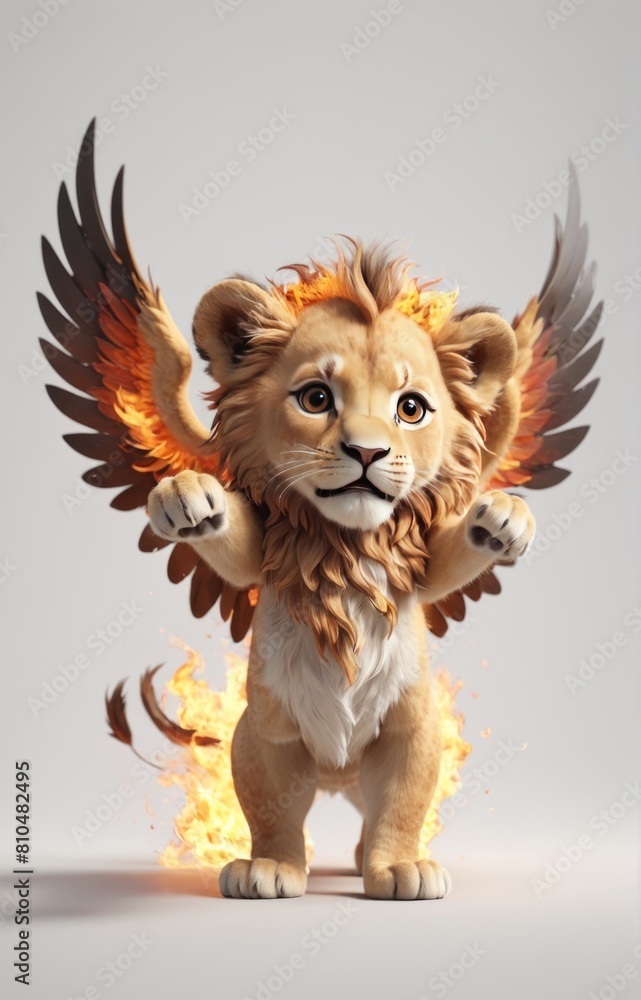  baby lion being of pure flame is spreading its wings vermeer style in white background