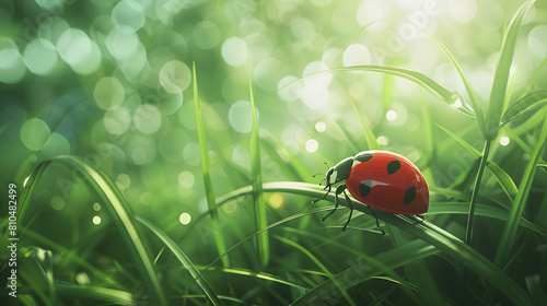 closeup view of ladybug on bokeh grass background © TilluArt