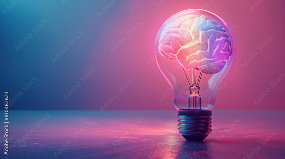 A glowing light bulb with a vivid brain illustration inside, set against a purple backdrop. A glowing light bulb with a vivid brain illustration inside, set against a purple backdrop.