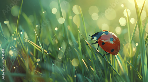 closeup view of ladybug on bokeh grass background