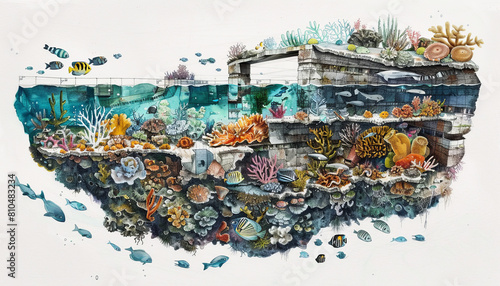 A painting of a coral reef with many fish and other sea creatures