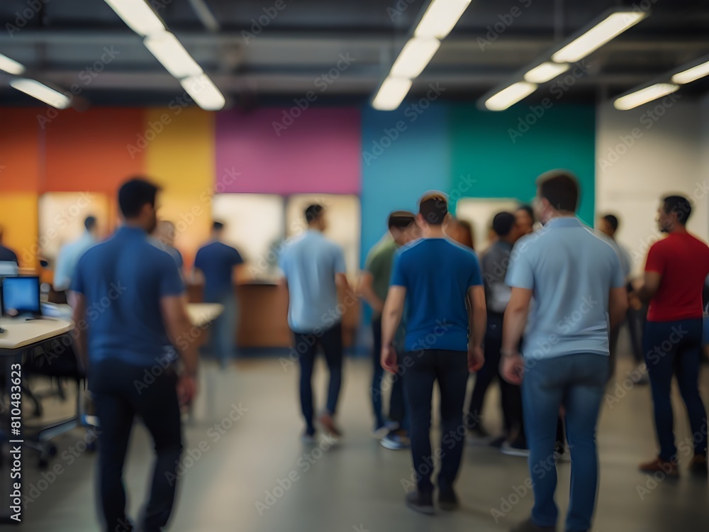 Abstract blur of a busy tech startup office, vibrant and dynamic, generative AI