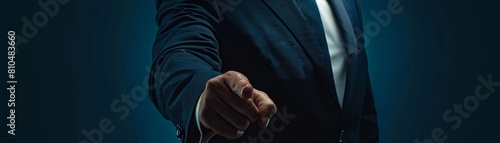 Render a male CEO, attired in a dark navy blue suit, torso visible, with his finger gesturing authoritatively © kitidach