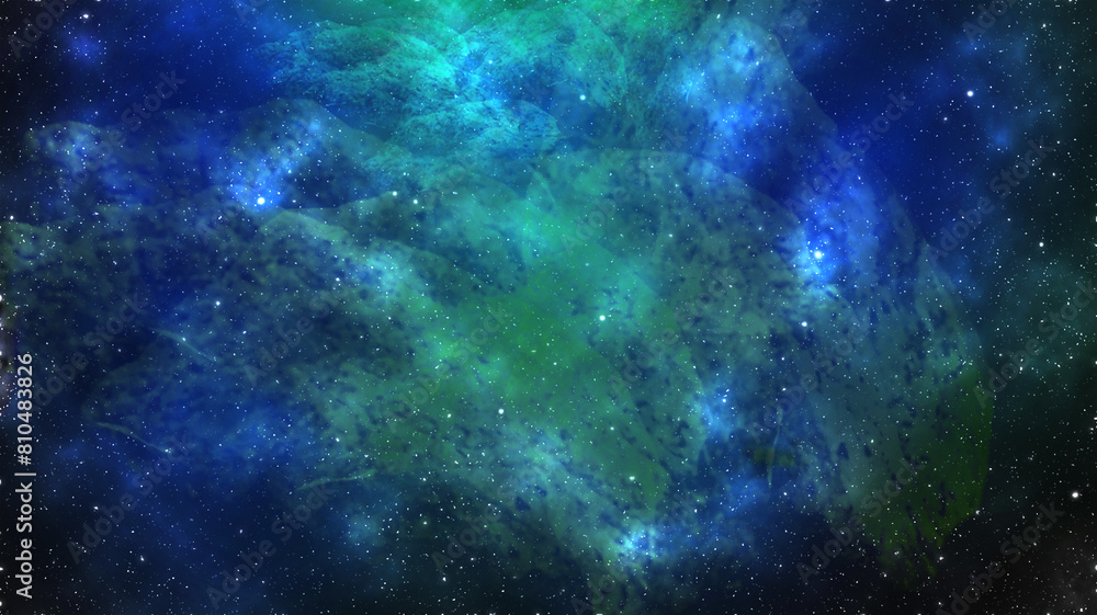 green and light blue nebulas space background, 3d illustration