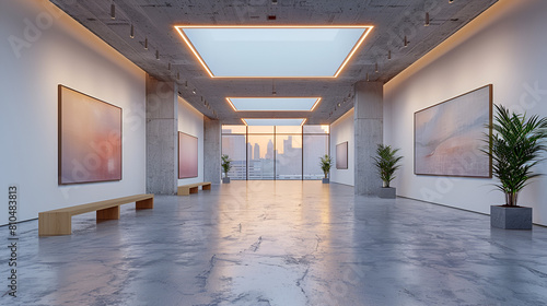 interior of a modern building,
A blank minimalist art gallery wall open to a va photo