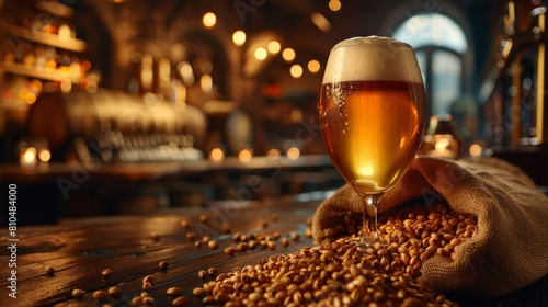 Crisp beer beside a sack of fresh barley grains, captured in a cozy, dimly lit tavern setting. photo