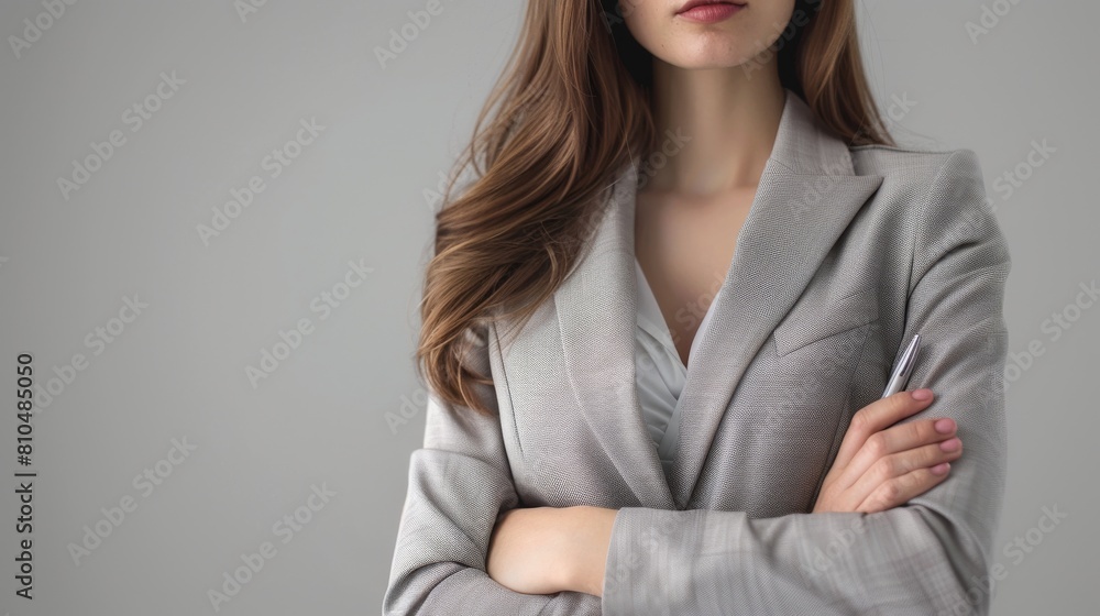 Produce an image of a female business leader in a black suit, showing torso, with an open hand gesture