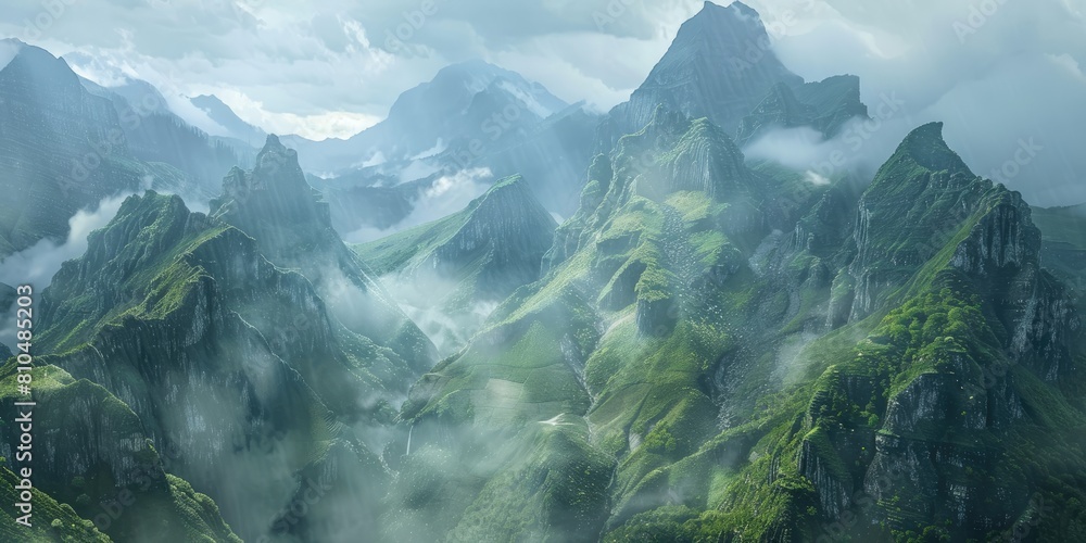 Naklejka premium The rugged mountains towered over the tranquil valley