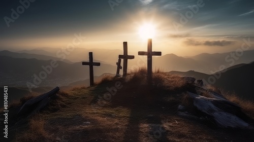 Three cross on the mountain with sun light, belief, faith and spirituality and resurrection of Jesus Christ Generative AI