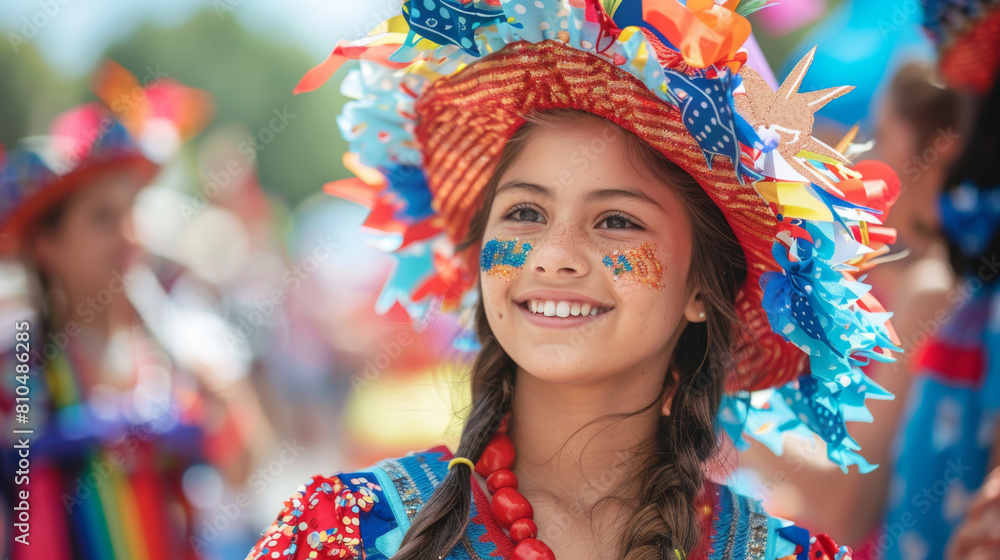 Portrait of a cheerful young girl dressed in colorful traditional Junina festival attire, enjoying the celebration. Portrait of a cheerful young girl dressed in colorful traditional Junina festival attire, enjoying the celebration.