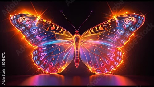 Beautiful cute neon butterfly on a black background (ID: 810486272)