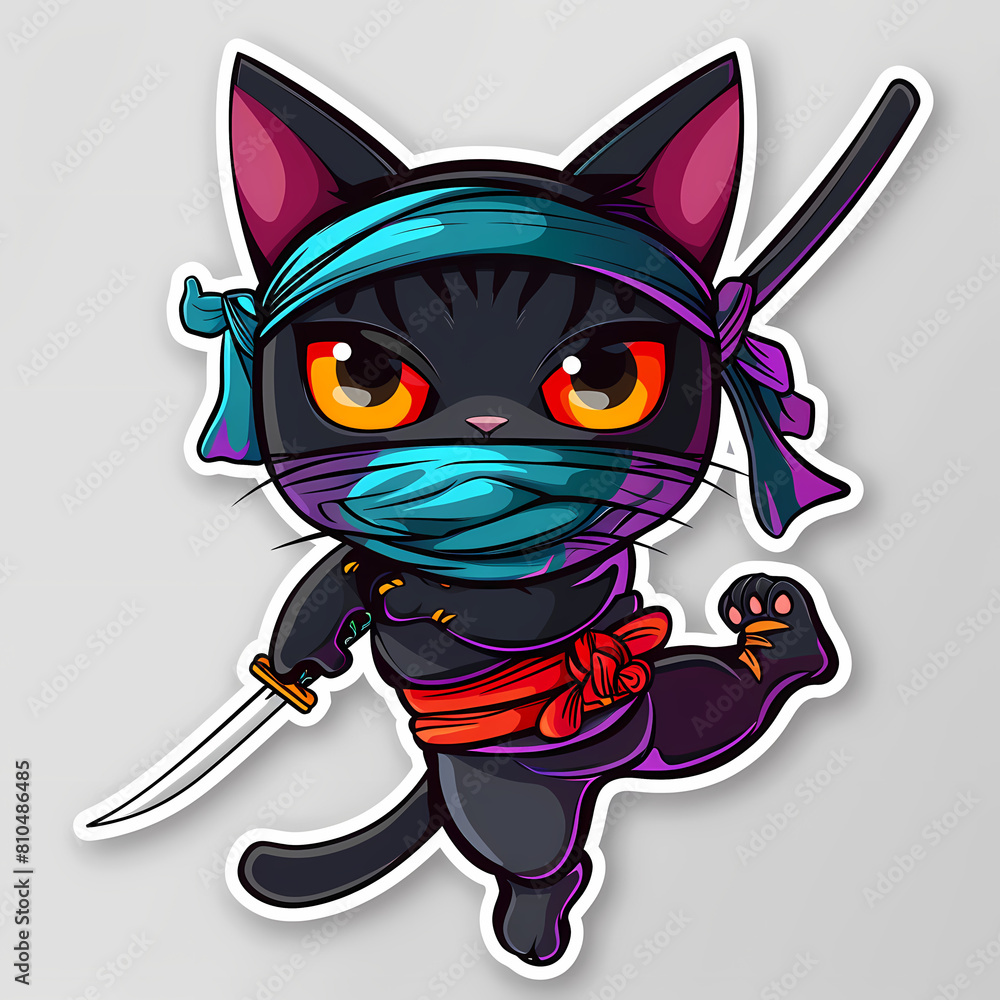 Cute ninja cat cartoon on a White Canvas Sticker,vector image Cute ninja cat cartoon on a White Canvas Sticker,vector image