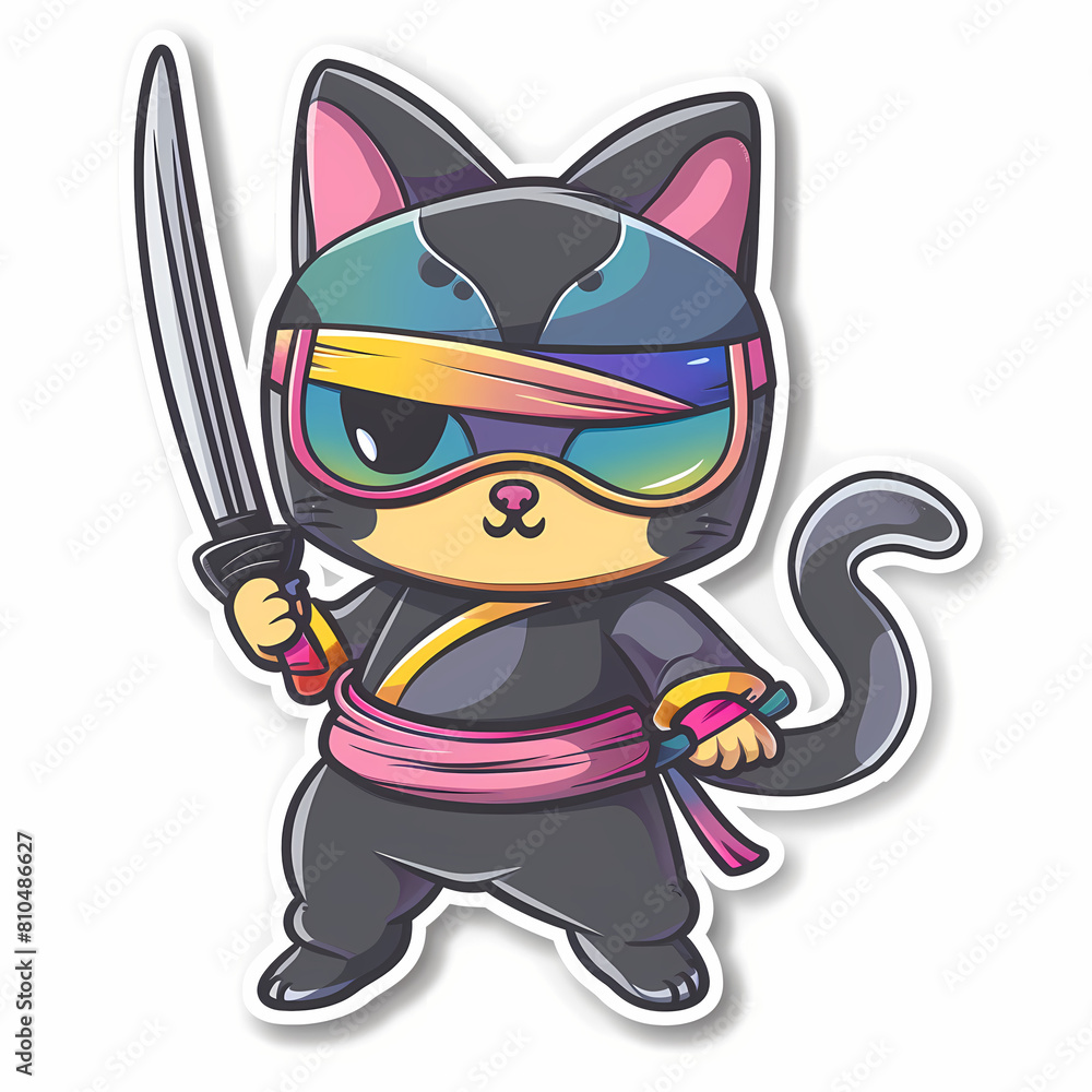 Cute ninja cat cartoon on a White Canvas Sticker,vector image Cute ninja cat cartoon on a White Canvas Sticker,vector image