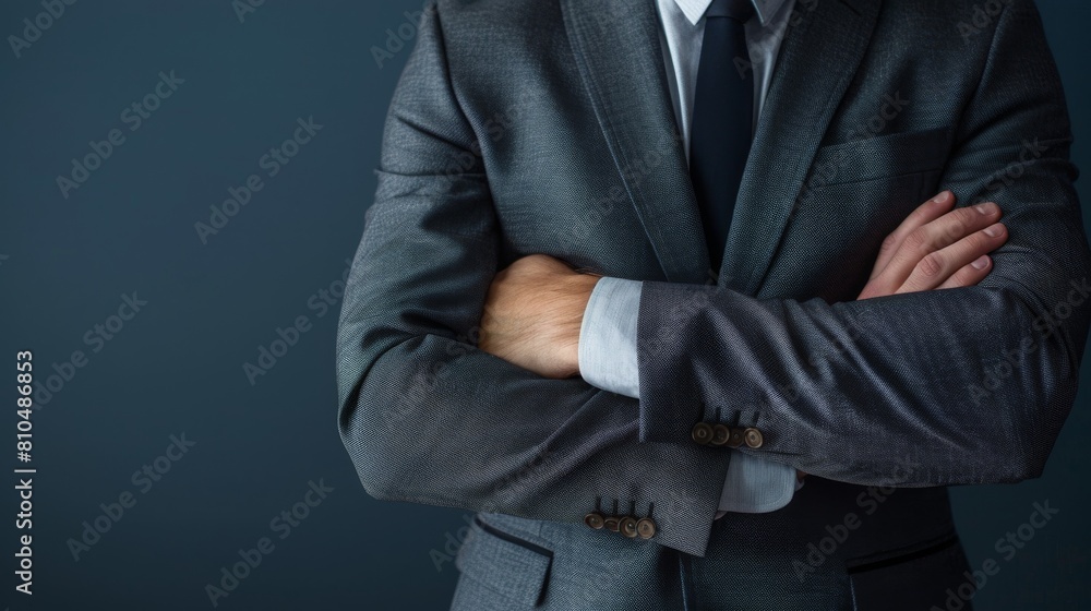 Illustrate a male executive in a dark grey suit, torso showing, with one hand gently touching the opposite arm