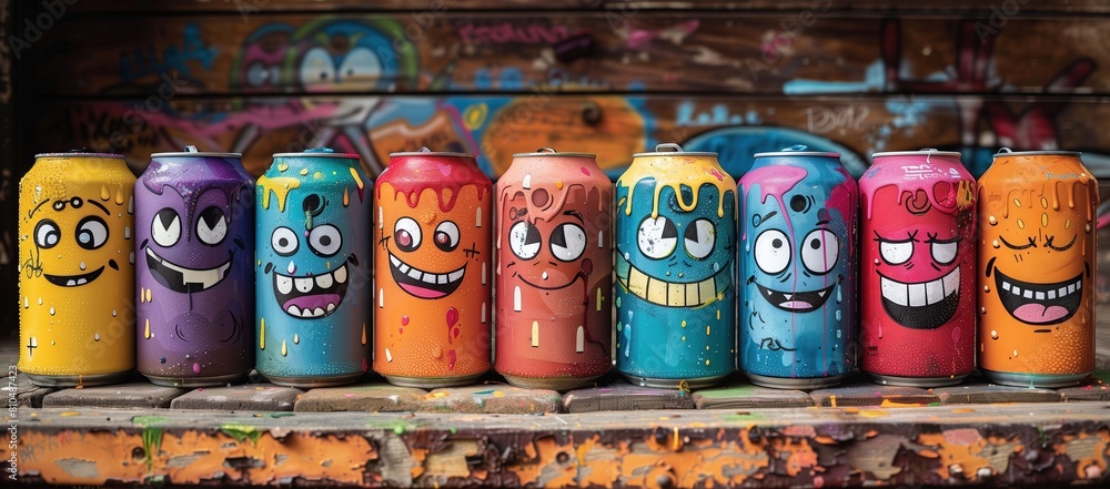 Colorful Spray Paint Cans with Cartoon Faces on Graffiti Background Colorful Spray Paint Cans with Cartoon Faces on Graffiti Background