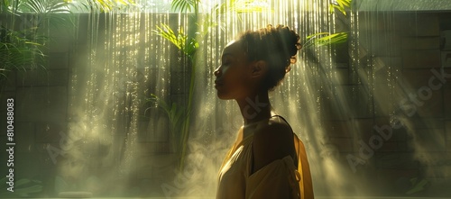 Woman Meditating in Tropical Rainforest Sunlight