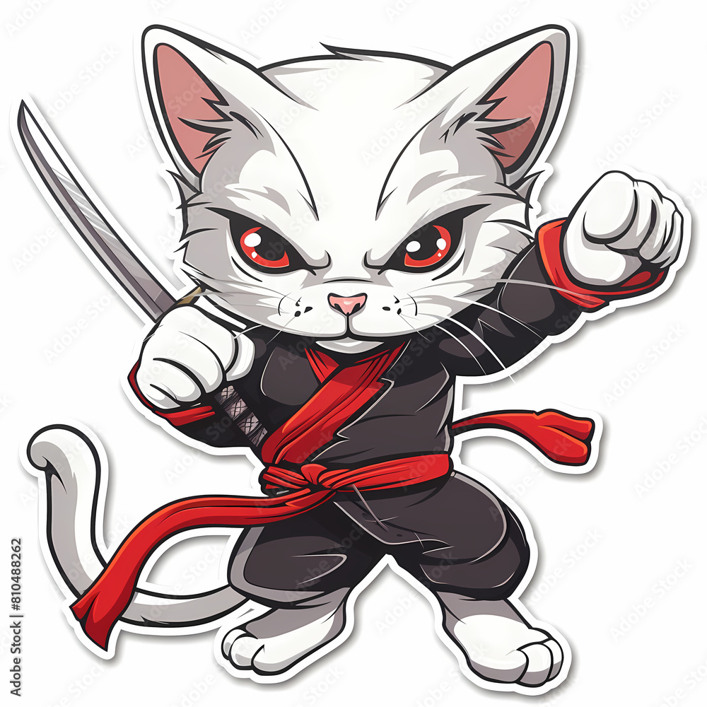Cute ninja cat cartoon on a White Canvas Sticker,vector image Cute ninja cat cartoon on a White Canvas Sticker,vector image