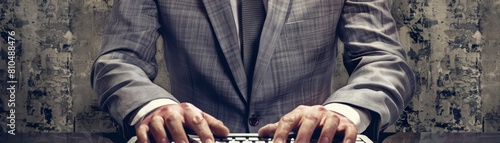 Generate an image of a businessman CEO dressed in a charcoal grey suit, visible from the torso up, with one hand on the other arm