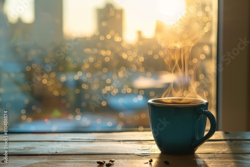A closeup photo of a steaming cup of coffee on a wooden table, with a blurred cityscape out the window in the background photo