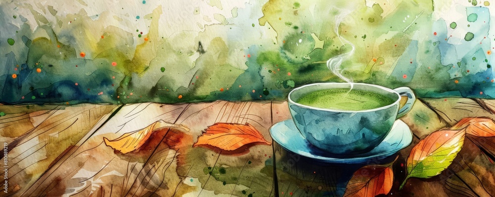 A cup of steaming matcha tea on a wooden table, surrounded by fallen leaves painted in green and turquoise watercolors A cup of steaming matcha tea on a wooden table, surrounded by fallen leaves painted in green and turquoise watercolors