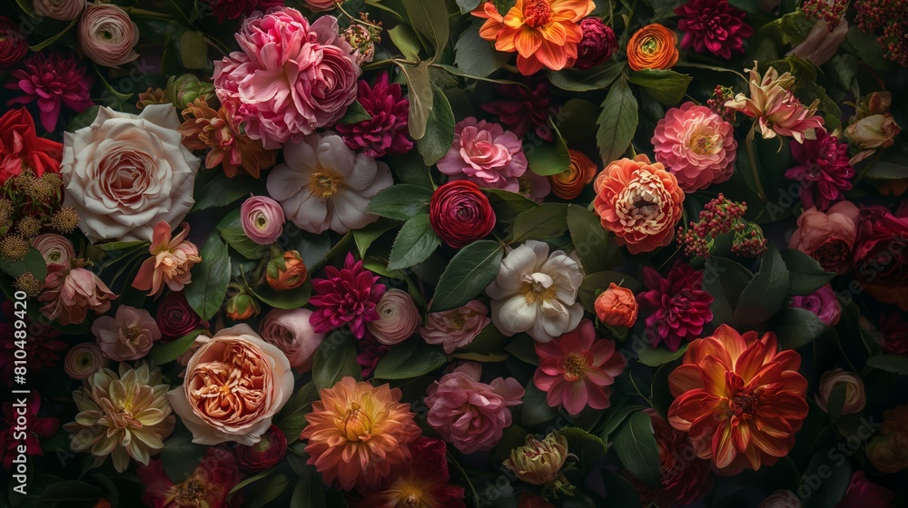 Vibrant Mixed Flower Arrangement with Various Blooms and Foliage Background Vibrant Mixed Flower Arrangement with Various Blooms and Foliage Background
