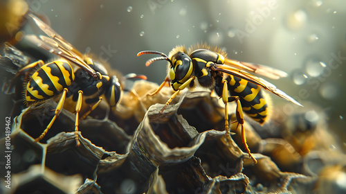 closeup view of hornet on the nest background