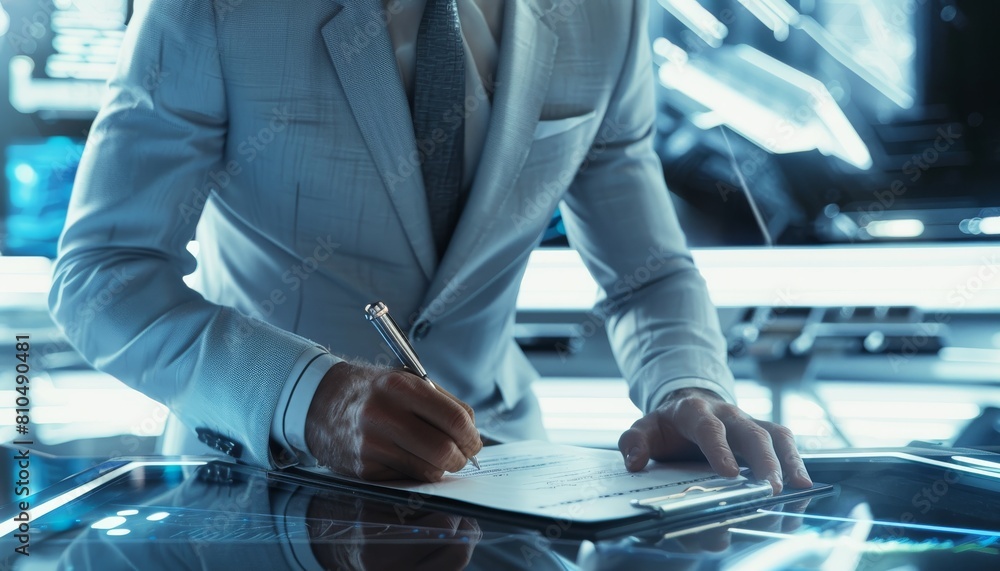 Design an image of a futuristic male CEO, wearing a light grey suit, torso in view, composing a vision statement on a virtual notepad Design an image of a futuristic male CEO, wearing a light grey suit, torso in view, composing a vision statement on a virtual notepad