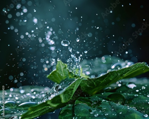 A dramatic closeup of a raindrop splashing onto a leaf  the water droplet bursting into tiny droplets that cascade down the leaf