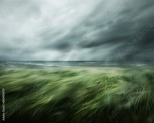 A dramatic image of a storm brewing over a field of green grass The sky is a dark grey with ominous clouds, and the water in the blurred background is choppy and turbulent