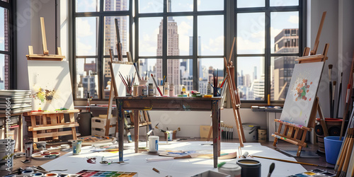 Artist s Studio Desk in New York  A desk in a spacious artist s studio with easels  brushes  and paint palettes scattered around  reflecting the creative process in the Big Apple