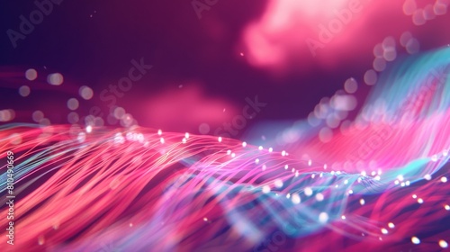 A dynamic closeup of colorful fiber optic cables pulsating with light, resembling a digital highway carrying data to a cloudshaped formation in the background
