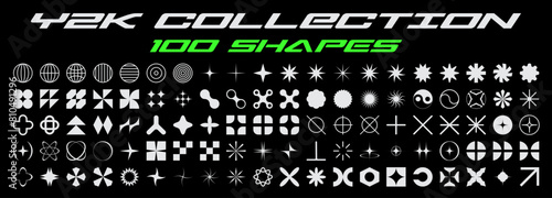 Retrofuturistic Y2K graphic icons, acid shapes, rave elements.Big collection of abstract graphic geometric symbols and objects in y2k style.Templates for stickers, posters, banners, merch, flyers.